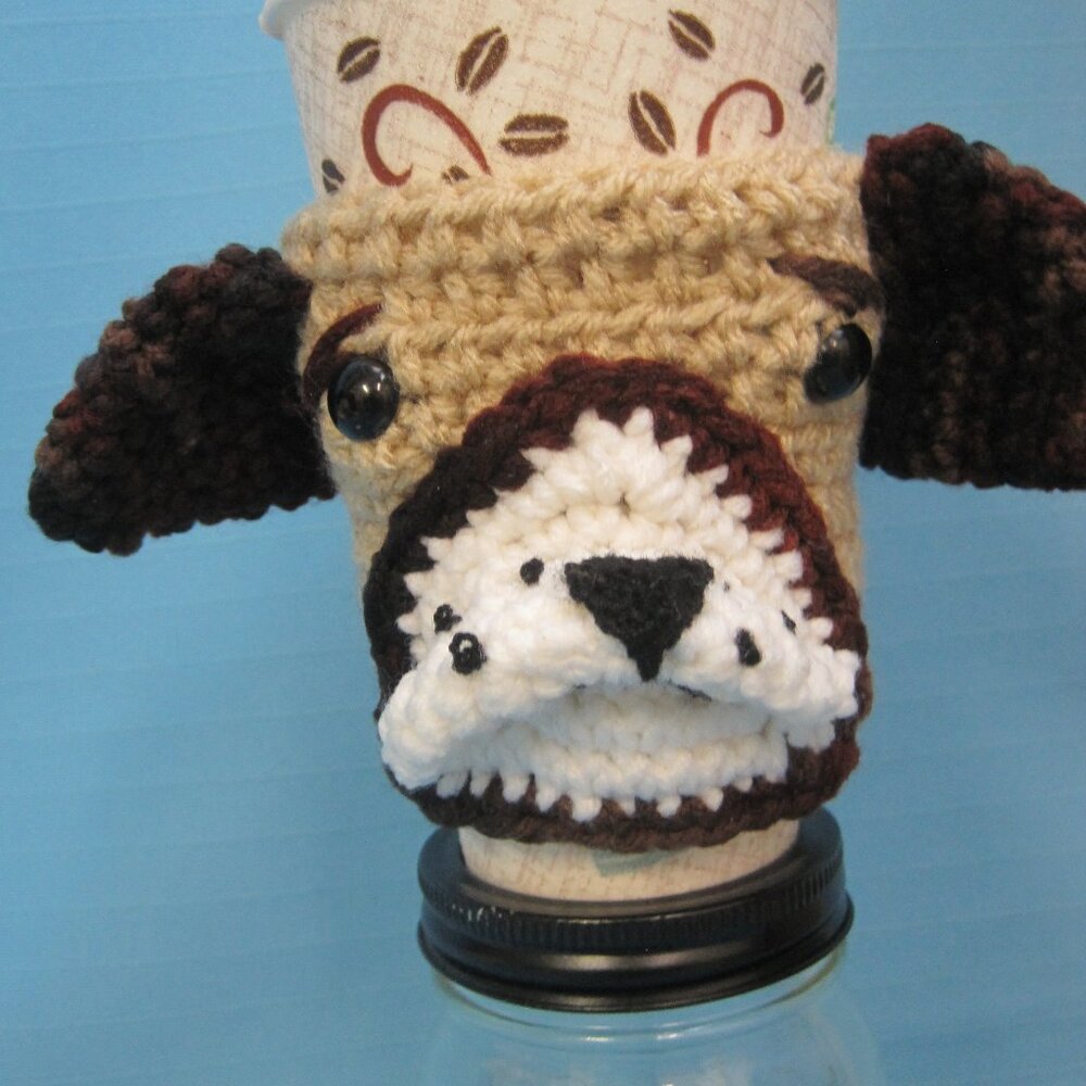 Pug Black Ears Puppy Dog Crochet  Handmade Cup Cozy Holder Gifts by Bren